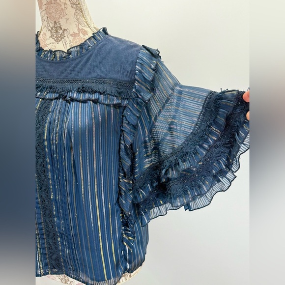 MISA LOS ANGELES Navy blue with gold stripe ruffle accent blouse size M - Picture 3 of 13